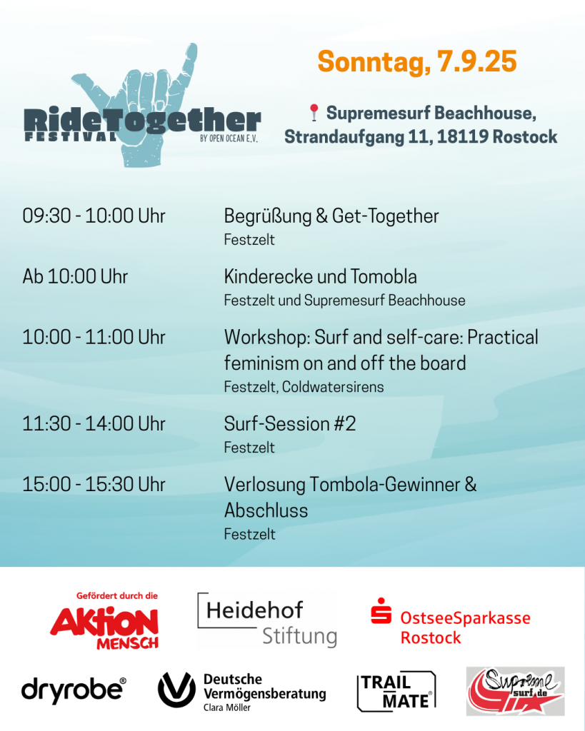 Programm am Sonntag, 7.9. Ort: Supremesurf Beachhouse, Strandaufgang 11, 18119 Rostock. Start um 9:30 Uhr mit Begrüßung und Get-Together, ab 10 Uhr Kinderecke und Tombola, 10 bis 11 Uhr Workshop "Surf & self-care: Practical feminism on and off the board", 11:30 bis 14:00 Ur Surf-Session 2, 15 bis 15:30 Uhr Verlosung Tombola-Gewinner und Abschluss.
